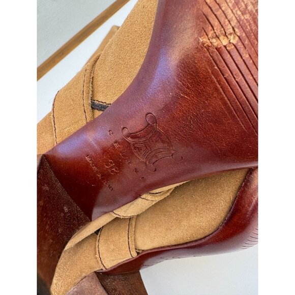 Vintage Celine Tan Knee-High Suede Heeled Boots With Strap & Buckle Detail - Picture 7 of 7